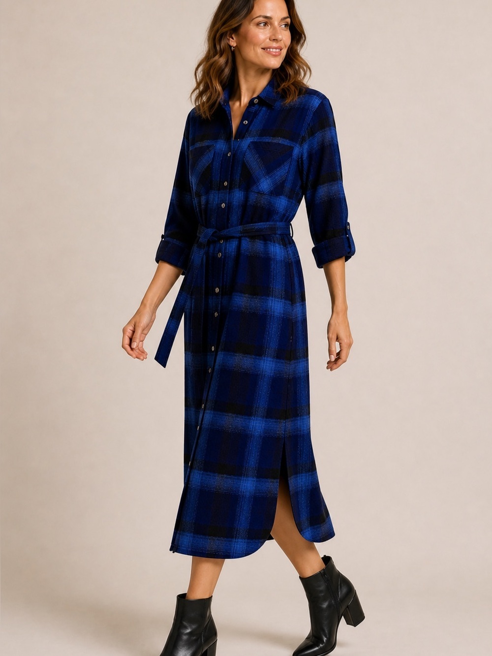 NWT Hatley Gwen Blue Black Plaid Midi Shirt Dress Belted Button Front XS Women’s